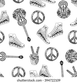 Seamless pattern with black and white hippie peace symbol, acoustic guitars and hight sneakers in zentangle style.  Boho vintage fashion.