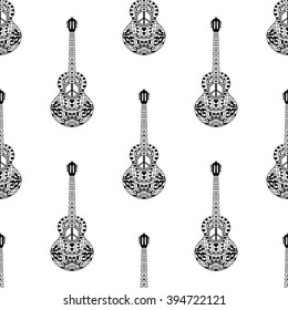 Seamless pattern with black and white hippie guitars in zentangle style. Music background. Boho vintage fashion.