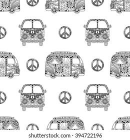 Seamless pattern with black and white hippie camper bus and symbol peace in zentangle style. Hippy ornamental pacific sign and mini van.  Boho vintage fashion.
