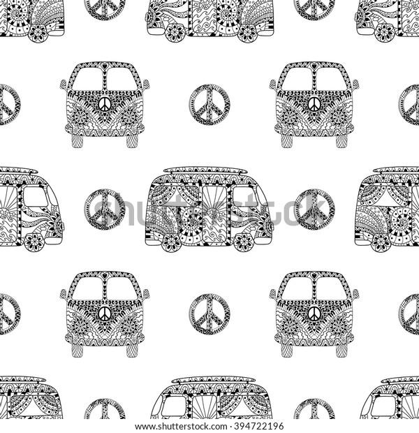 Seamless pattern with black and white\
hippie camper bus and symbol peace in zentangle style. Hippy\
ornamental pacific sign and mini van.  Boho vintage\
fashion.