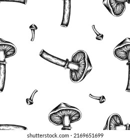 Seamless pattern with black and white honey agaric