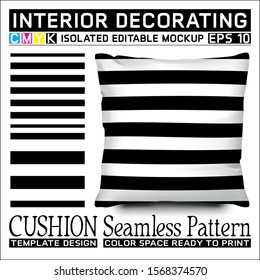 Seamless pattern black and white horizontal stripes with cushion mockup. Isolated and editable. CMYK color space ready to print. This pattern can also used for other.