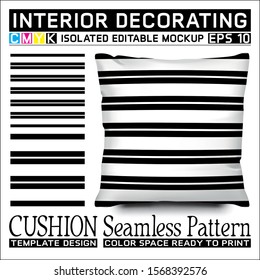 Seamless pattern black and white horizontal stripes with cushion mockup. Isolated and editable. CMYK color space ready to print. This pattern can also used for other.