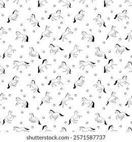 Seamless pattern of black and white horses in various poses with horseshoes on a white background