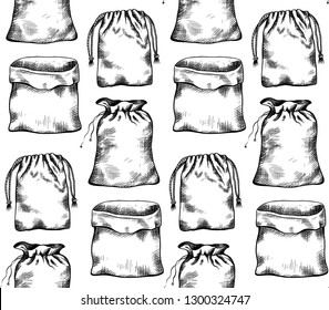 Seamless pattern with black and white illustrations of hand drawn canvas bags in row. Vector texture for menus, fabrics, backgrounds and your creativity.