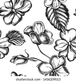 Seamless pattern with black and white impatiens