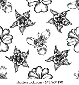 Seamless pattern with black and white impatiens, tigridia, aquilegia