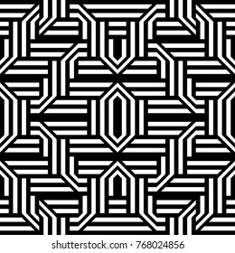 Seamless pattern with black white industrial knot, straight and diagonal striped lines. Vector futuristic industrial background. Optical illusion effect. Geometric tile in op art style.