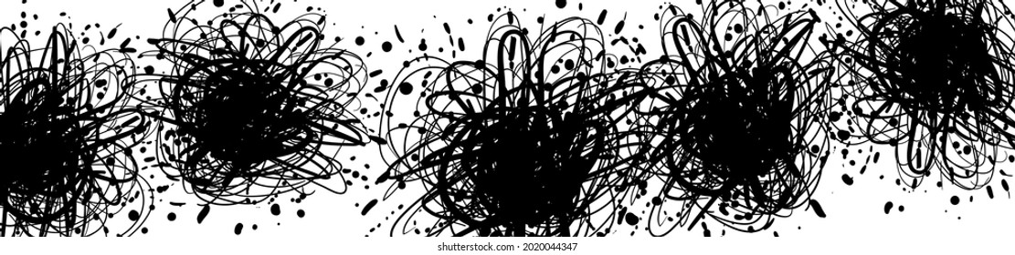 Seamless pattern, black and white, ink, monochrome graphic backdrop, different splashes, stains and blobs, vector illustration.