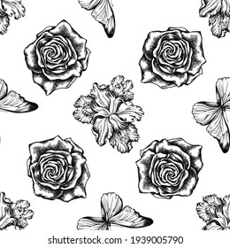 Seamless pattern with black and white iris japonica, blue morpho, roses