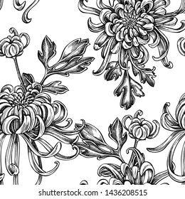 Seamless pattern with black and white japanese chrysanthemum