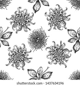 Seamless pattern with black and white japanese chrysanthemum, blackberry lily, eucalyptus flower