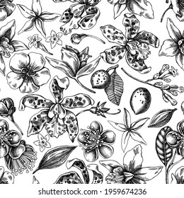 Seamless pattern with black and white laelia, feijoa flowers, glory bush, papilio torquatus, cinchona, cattleya aclandiae