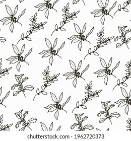Seamless pattern with black and white leaves of barberry and holly on a white background.