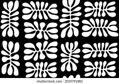 Seamless pattern with black and white leaves. Exotic leaves creative background. Contemporary seamless pattern. Matisse inspired shapes pattern.
