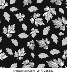 Seamless Pattern black and white Leaves with black background. Neutral colors seamless pattern used for deal for interior design, textile, fabrics etc..