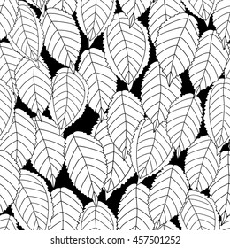 Seamless pattern with black and white leaves on black background, vector illustration, can be used for coloring book, print, wrapping paper etc.