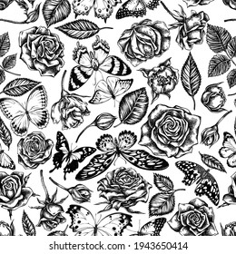 Seamless pattern with black and white lemon butterfly, red lacewing, african giant swallowtail, alcides agathyrsus, purple spotted swallowtail, forest mother-of-pearl, great orange-tip, jungle queens