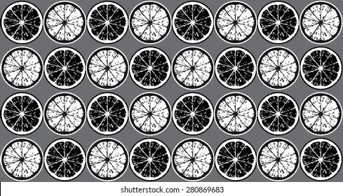 Seamless pattern of black and white lemon slices.