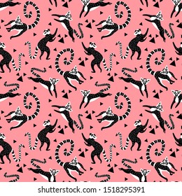 Seamless pattern with black and white lemurs on pink background. Vector illustration.