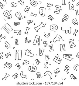 Seamless pattern with black and white letters. Vector background with alphabet for fabric, banner, wrapping paper, bed linen, wallpaper. Doodle pattern with letters.