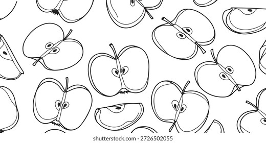 Un patrón sin fisuras de dibujos de líneas en blanco y negro de manzanas, incluidas manzanas enteras y manzanas en rodajas que muestran semillas y núcleo.