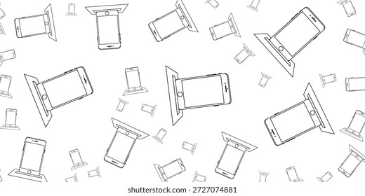 Un patrón sin fisuras de dibujos de líneas en blanco y negro de teléfonos inteligentes, algunos insertados en una ranura, creando un fondo de temática tecnológica.