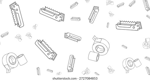 Un patrón sin fisuras de ilustraciones de arte de línea en blanco y negro de dispensadores de cinta y rollos de cinta esparcidos sobre un fondo blanco.