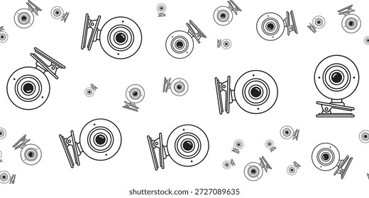 Ein nahtloses Muster aus Schwarz-Weiß-Linien-Illustrationen von Webcams, die auf weißem Hintergrund verstreut sind.
