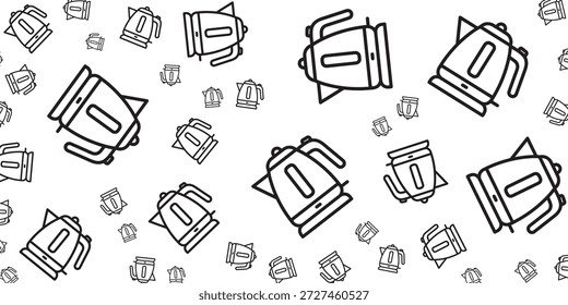 Un patrón sin fisuras de dibujos de líneas de arte en blanco y negro de hervidores eléctricos esparcidos sobre un fondo blanco.