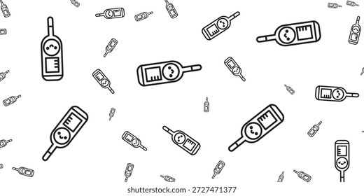 Un patrón sin fisuras de ilustraciones de arte de línea en blanco y negro de termómetros digitales, algunos con caras sonrientes, esparcidos sobre un fondo blanco.