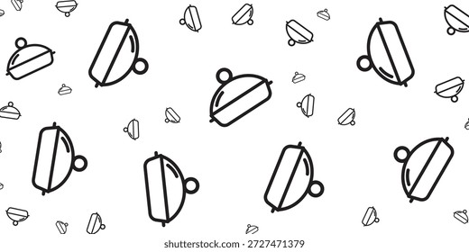 A seamless pattern of black and white line art icons representing food cloches or serving domes, scattered across a white background.