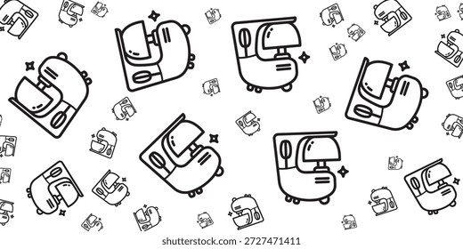 Um padrão perfeito de ilustrações em preto e branco de arte em linha de misturadores de suporte, espalhados por um fundo branco. Os mixers são retratados em várias orientações, alguns com acentos brilhantes.