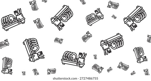 Ein nahtloses Muster aus schwarz-weißen Linien und Illustrationen von Tellern und Besteck, die auf weißem Hintergrund verstreut sind.