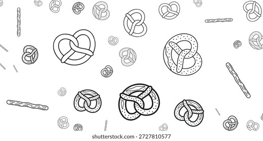 Ein nahtloses Muster aus schwarz-weißen Linien Kunst Brezeln und Brotstangen auf weißem Hintergrund verstreut.