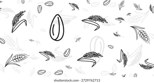 A seamless pattern of black and white line art drawings of wheat stalks and grains, with a prominent almond shape in the center.