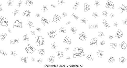 Un patrón sin fisuras de iconos de arte de línea en blanco y negro relacionados con las ventas y la membresía VIP, incluyendo bolsos de compras, etiquetas de Precio, estrellas y siluetas de personas.