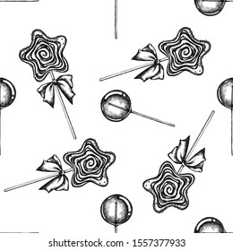 Seamless pattern with black and white lollipops.