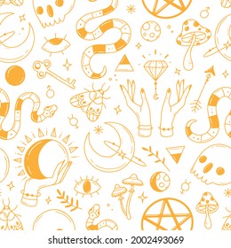 Seamless pattern with black and white magic doodle elements on the theme of esotericism, magic. Vector illustration.