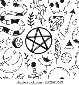 Seamless pattern with black and white magic doodle elements on the theme of esotericism, magic. Vector illustration.