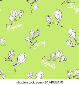 Seamless pattern with black and white magnolia flowers in vintage style on light green background. Hand drawing outline tracery. Vector line art illustration.