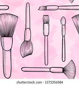 seamless pattern. Black and white Make up brushes for cosmetics on the pink watercolor background. hand drawn fashion illustration. Beautiful design for sale banner, poster, invitation card