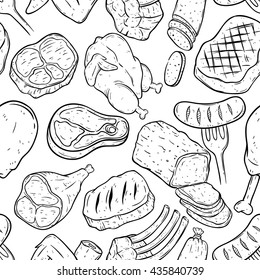 Seamless pattern of black and white meat with doodle art