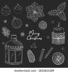 Seamless pattern of black and white Merry Christmas and New Year decor. Baubles, light bulbs, glass, tree twig, orange, cinnamon, candle, pine cone, candlestick. Isolated vector on black background.