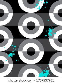 Seamless pattern. Black and white minimalist Scandinavian style. Monochrome Contrast circles with turquoise spatter. Flat illustration.