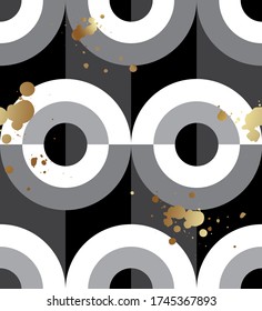 Seamless pattern. Black and white minimalistic Scandinavian design. Monochrome Contrast circles with gold spatter. Flat illustration.