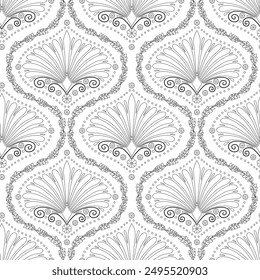 Seamless pattern with black and white monochrome floral ogee and anthemion geometrical motifs on a white background. Minimalist classic abstract repeat wallpaper.