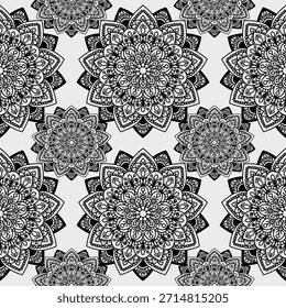 seamless pattern, black and white, monochrome, mandala, floral, lotus flower, repeating background, ornamental, decorative, oriental, Indian, ethnic, tribal, bohemian, boho, wallpaper, textile design, fabric print, vector, illustration, drawing, hand-drawn, intricate, detailed, symmetry, geometrical, spiritual, yoga, meditation, zentangle, tattoo design, damask, batik, tileable, vintage, elegant, abstract, graphic, backdrop, texture, wrapper, packaging, adult coloring book, contrast, stylized, traditional, art, nature, culture, retro.