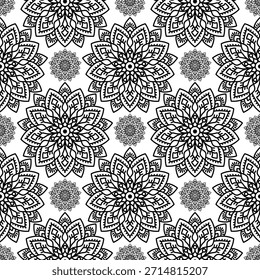 seamless pattern, black and white, monochrome, mandala, floral, lotus flower, repeating background, ornamental, decorative, oriental, Indian, ethnic, tribal, bohemian, boho, wallpaper, textile design, fabric print, vector, illustration, drawing, hand-drawn, intricate, detailed, symmetry, geometrical, spiritual, yoga, meditation, zentangle, tattoo design, damask, batik, tileable, vintage, elegant, abstract, graphic, backdrop, texture, wrapper, packaging, adult coloring book, contrast, stylized, traditional, art, nature, culture, retro.