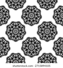 seamless pattern, black and white, monochrome, mandala, floral, lotus flower, repeating background, ornamental, decorative, oriental, Indian, ethnic, tribal, bohemian, boho, wallpaper, textile design, fabric print, vector, illustration, drawing, hand-drawn, intricate, detailed, symmetry, geometrical, spiritual, yoga, meditation, zentangle, tattoo design, damask, batik, tileable, vintage, elegant, abstract, graphic, backdrop, texture, wrapper, packaging, adult coloring book, contrast, stylized, traditional, art, nature, culture, retro.